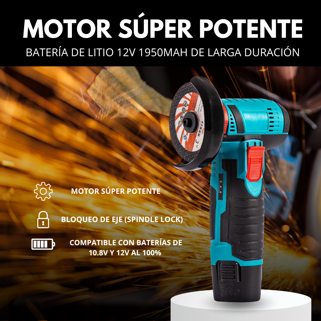 Mini Amoladora Angular 12V 19500 RPM con 2 Baterías de 2000mAh