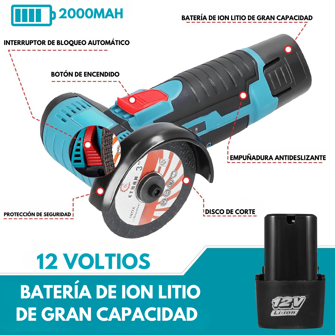 Mini Amoladora Angular 12V 19500 RPM con 2 Baterías de 2000mAh